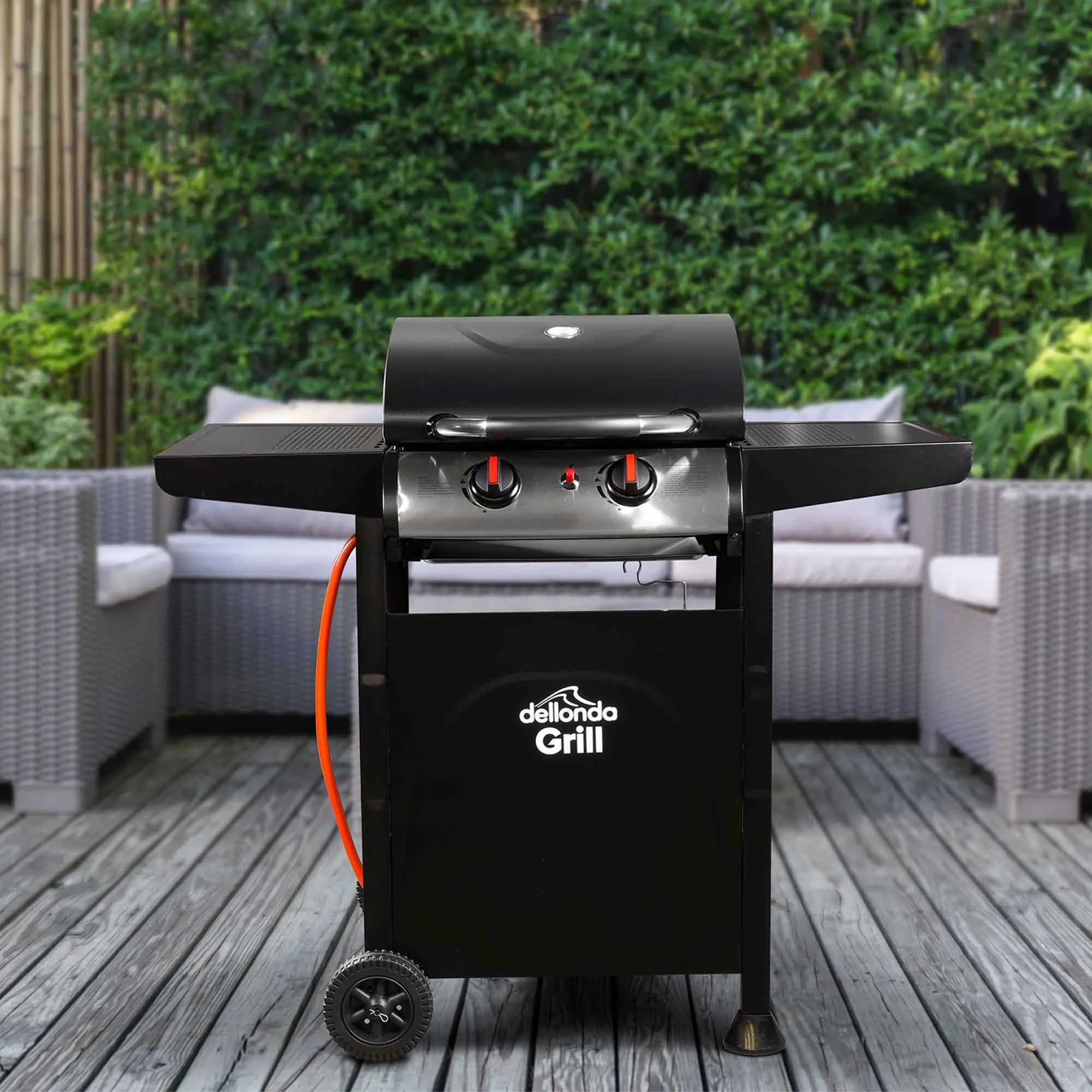 2 Burner Gas BBQ Grill with Piezo Ignition, Built-In Thermometer, Black/Stainless Steel - DG13