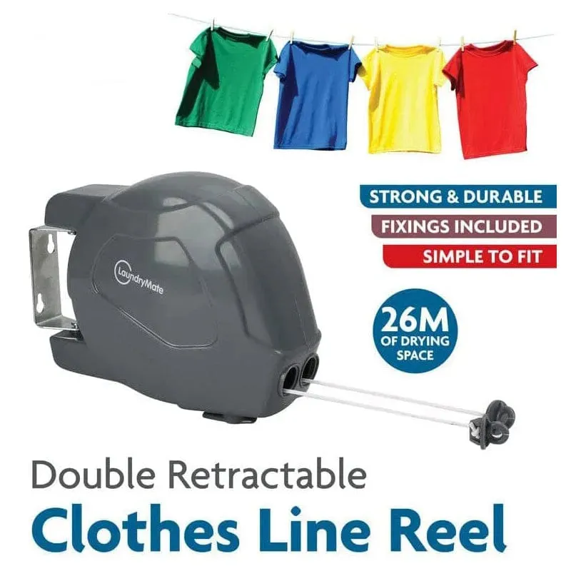 26m Retractable Washing Line Wall Mounted Double Clothes Reel for Outdoor or Indoor Use