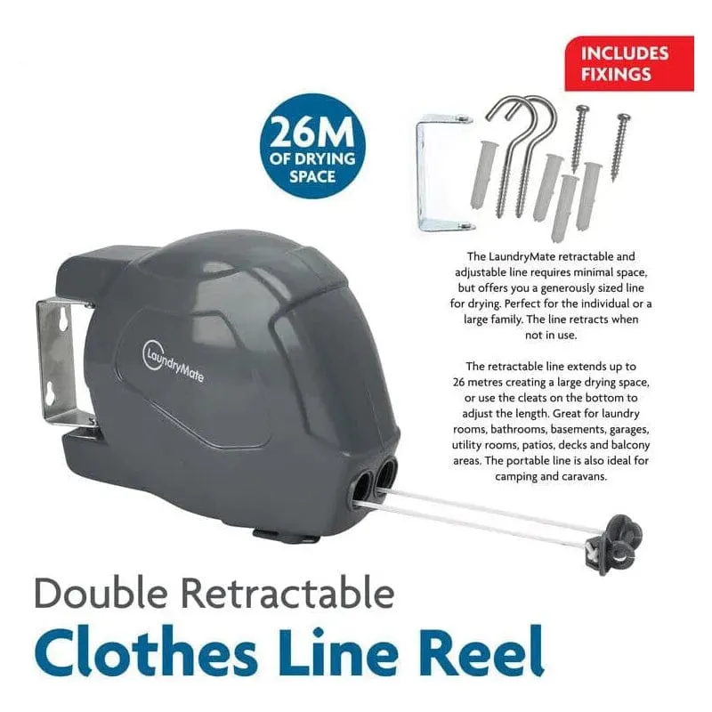 26m Retractable Washing Line Wall Mounted Double Clothes Reel for Outdoor or Indoor Use