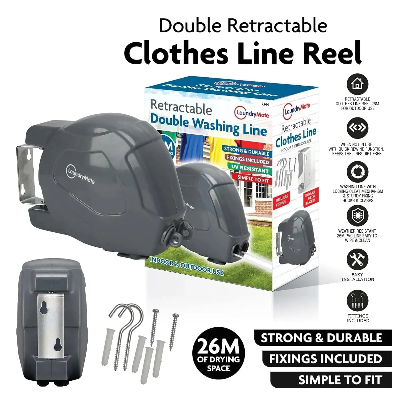 26m Retractable Washing Line Wall Mounted Double Clothes Reel for Outdoor or Indoor Use