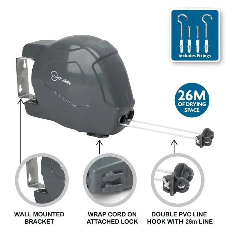 26m Retractable Washing Line Wall Mounted Double Clothes Reel for Outdoor or Indoor Use