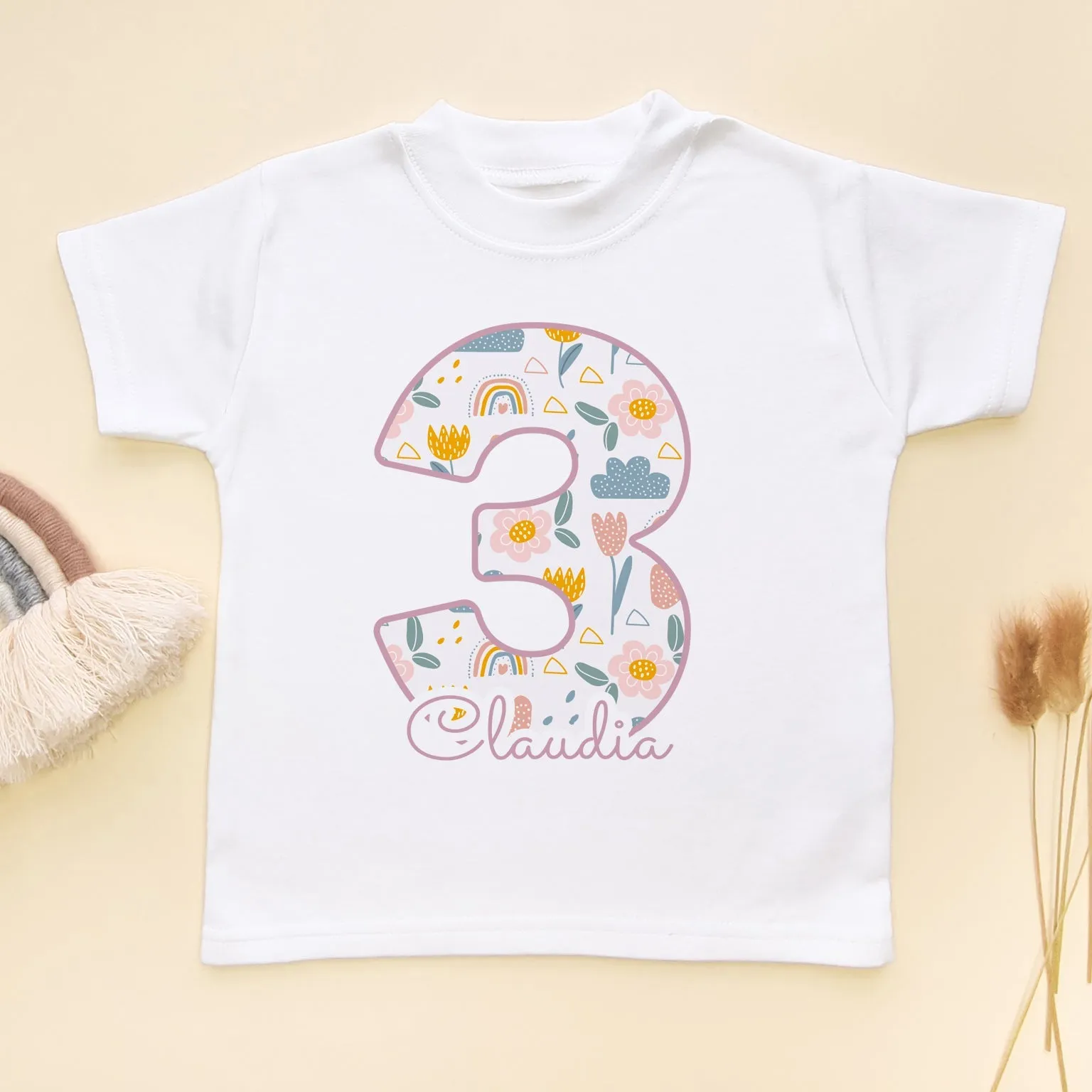 3rd Birthday Boho Rainbow Theme Personalised Toddler & Kids T Shirt