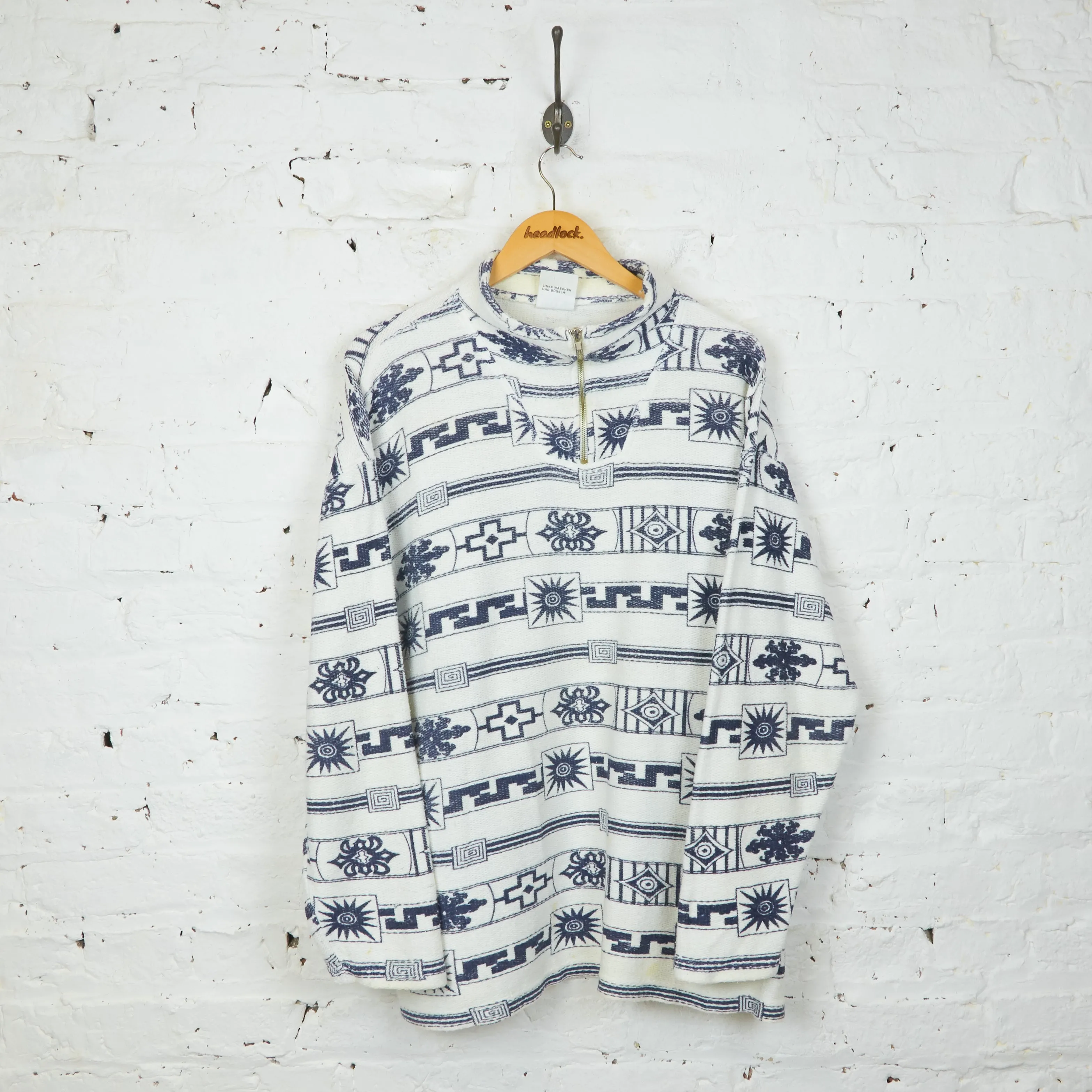 90s 1/4 Zip Pattern Sweatshirt - White - M