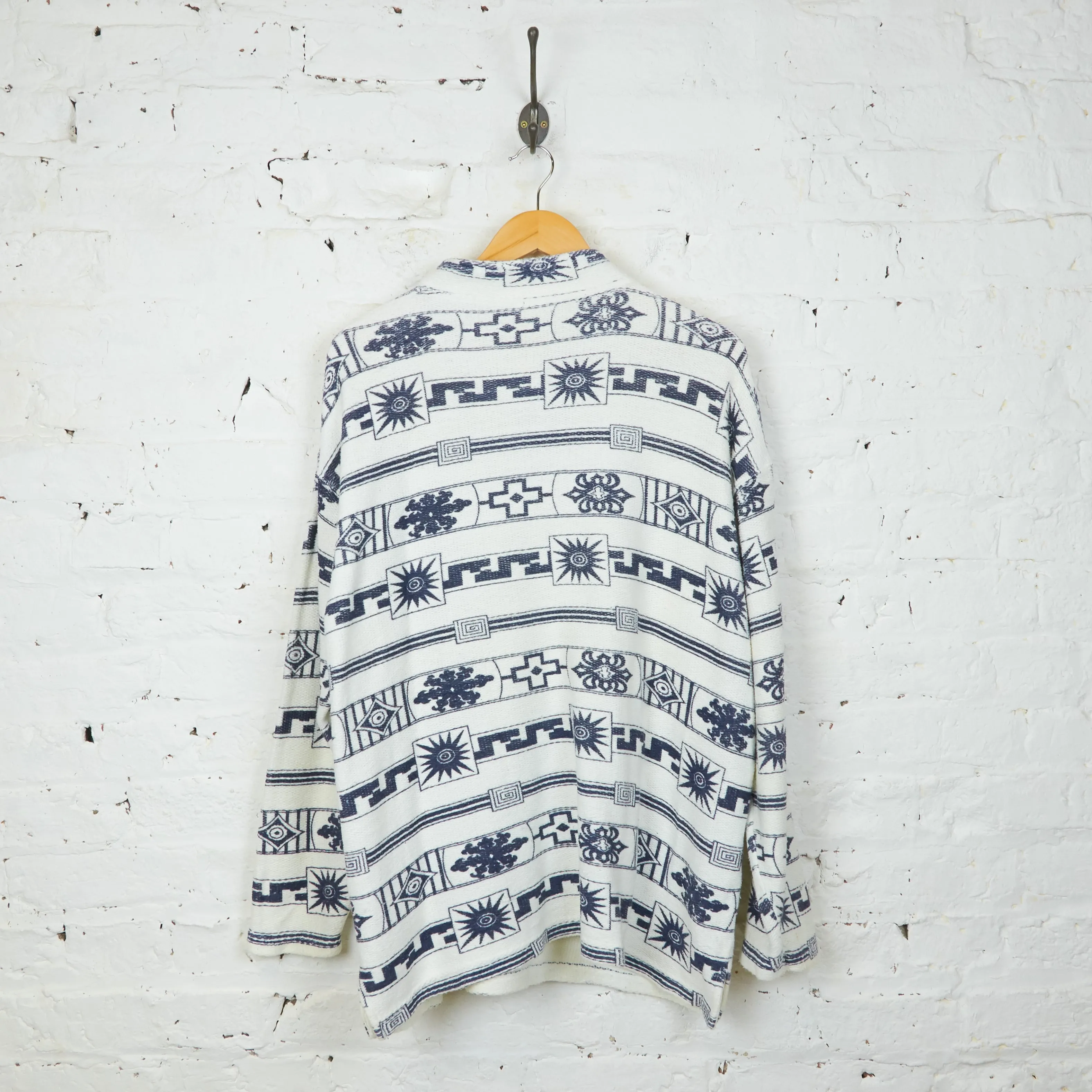 90s 1/4 Zip Pattern Sweatshirt - White - M