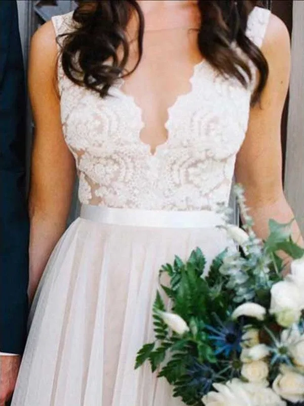 A-line Illusion Scoop Floor-Length Sleeveless Ivory Lace Tulle Wedding Dress