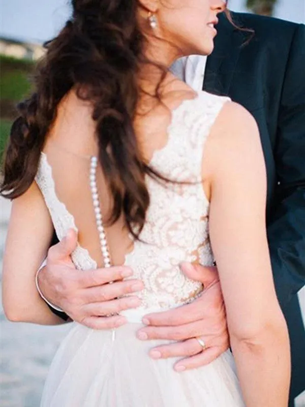 A-line Illusion Scoop Floor-Length Sleeveless Ivory Lace Tulle Wedding Dress