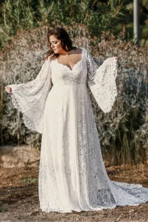 A line Long Sleeve Bohemian Lace Wedding Dress