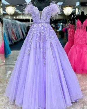 A-Line Off-the-Shoulder Lilac Lace Prom Dresses Appliques Feathers