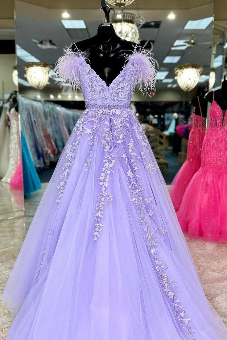 A-Line Off-the-Shoulder Lilac Lace Prom Dresses Appliques Feathers