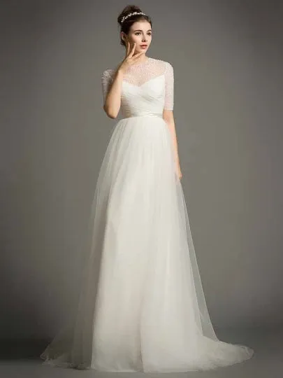 A-Line Pearls Beading Wedding Dress