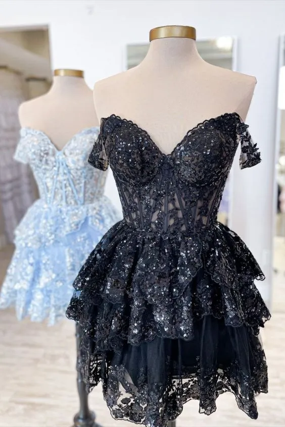 A-Line Short Black Prom Dress Sheer Corset Bodice Homecoming dress