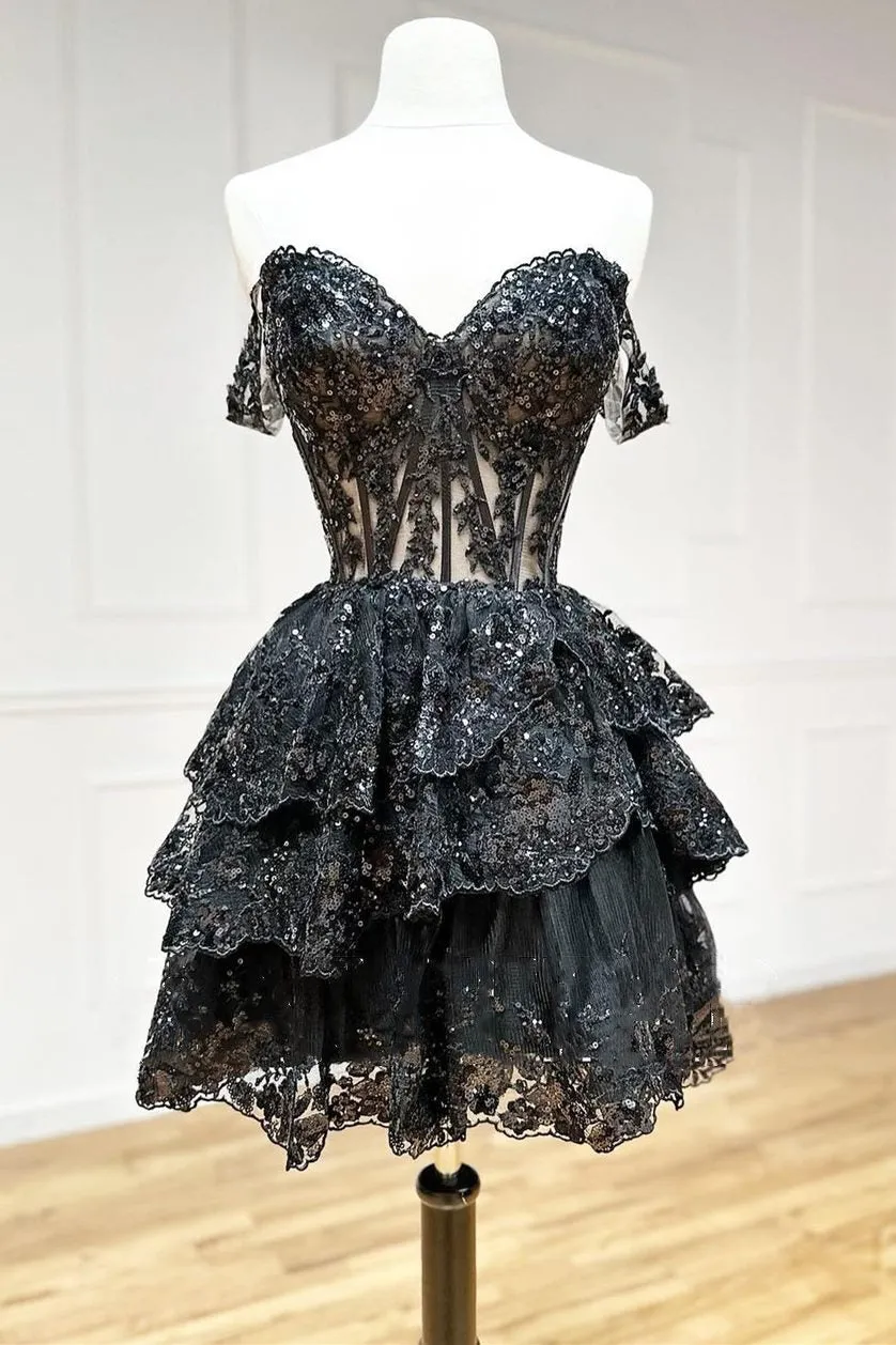 A-Line Short Black Prom Dress Sheer Corset Bodice Homecoming dress