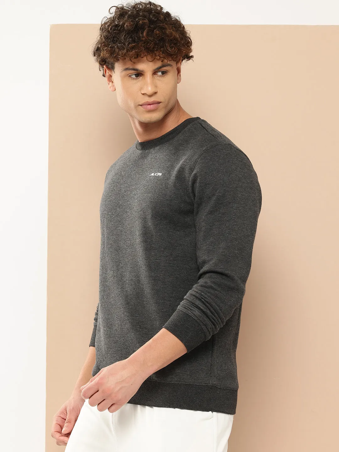 Alcis Men Grey Melange Solid Cotton Sweatshirt