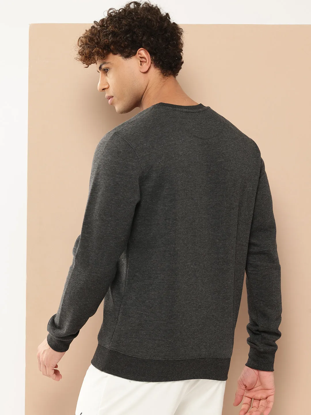 Alcis Men Grey Melange Solid Cotton Sweatshirt