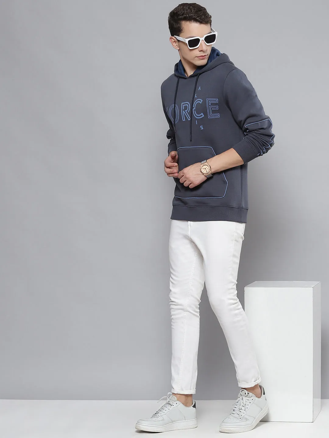 Alcis Men Navy Blue Printed Hooded Sweatshirt