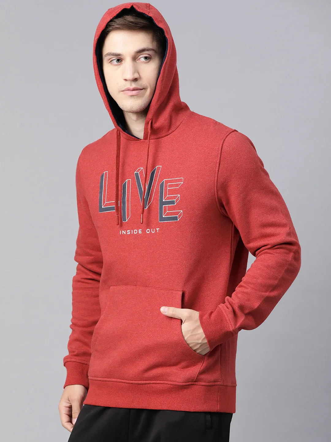 Alcis Men Red Solid Hooded Sweatshirt with Typography Printed Detail