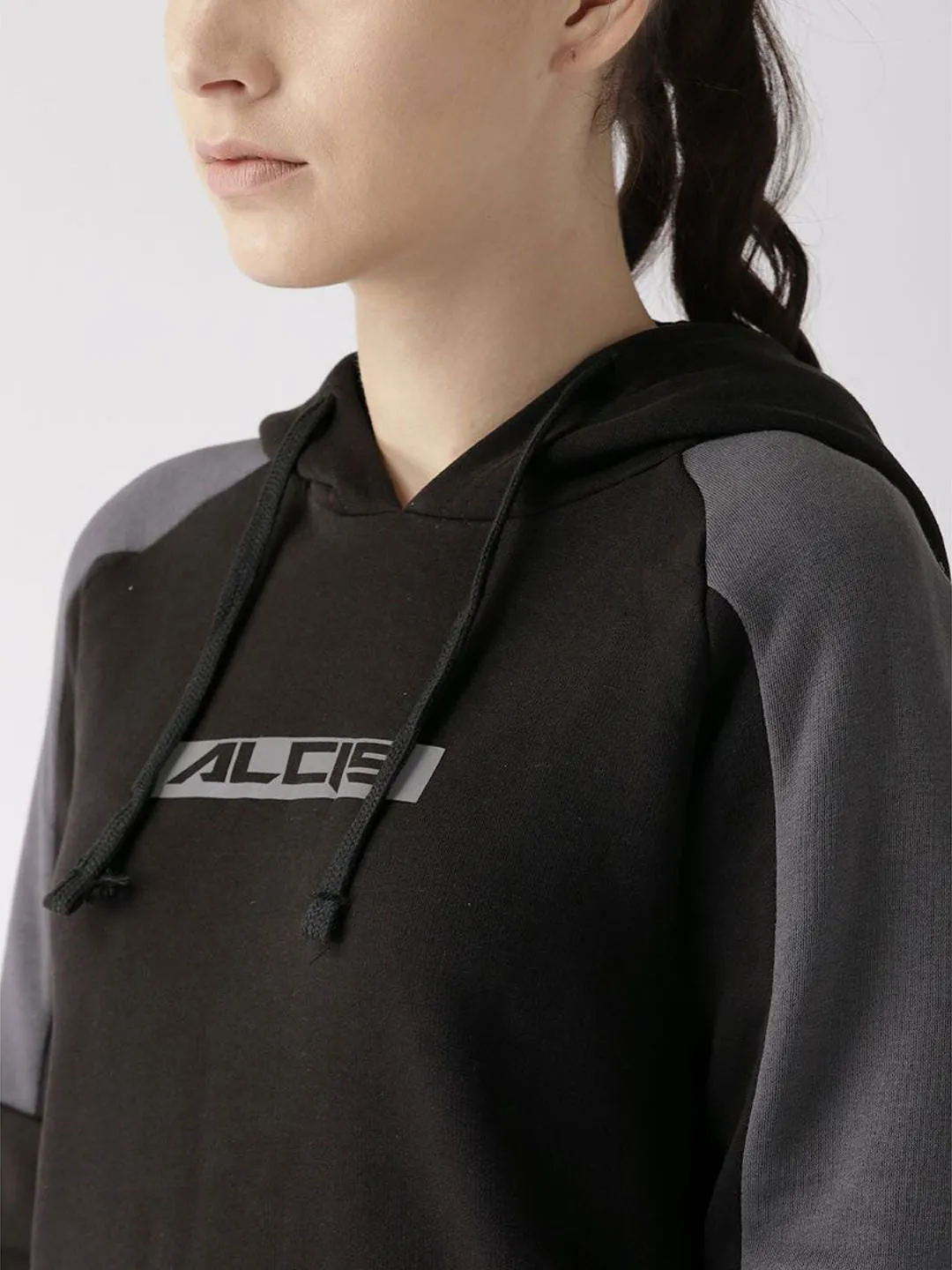 Alcis Women Black Charcoal Grey Printed Detail Hooded Sweatshirt