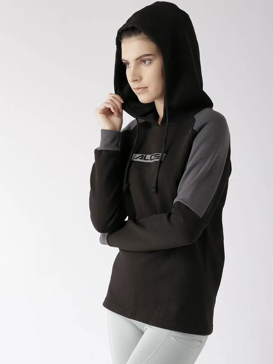 Alcis Women Black Charcoal Grey Printed Detail Hooded Sweatshirt