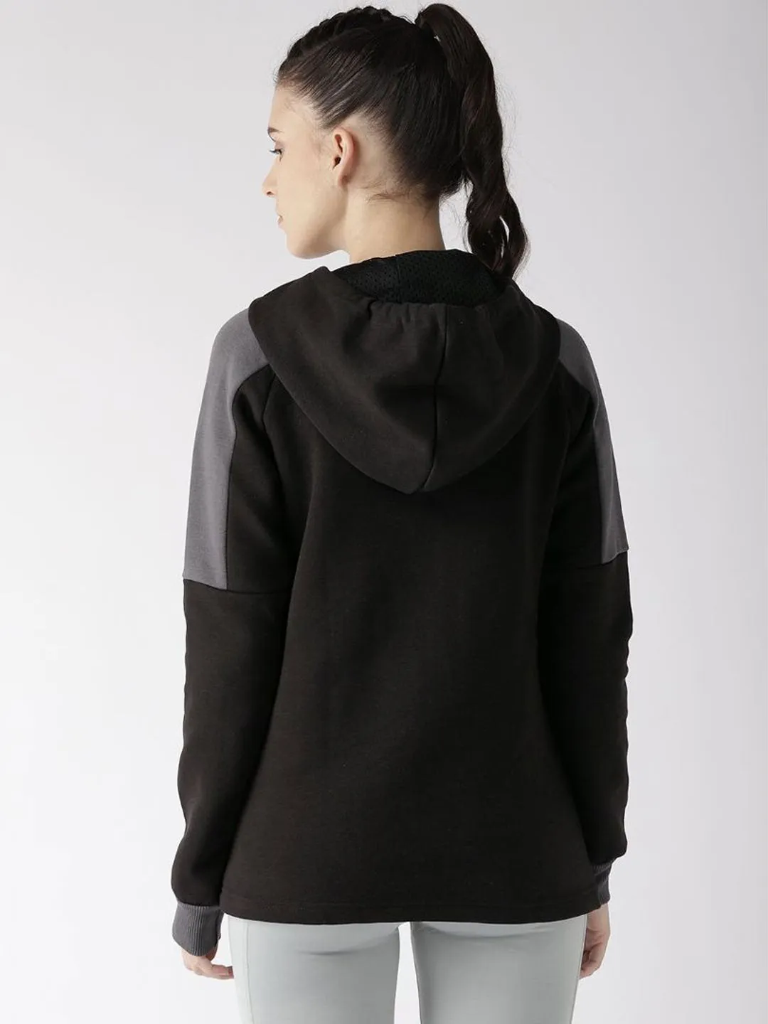 Alcis Women Black Charcoal Grey Printed Detail Hooded Sweatshirt