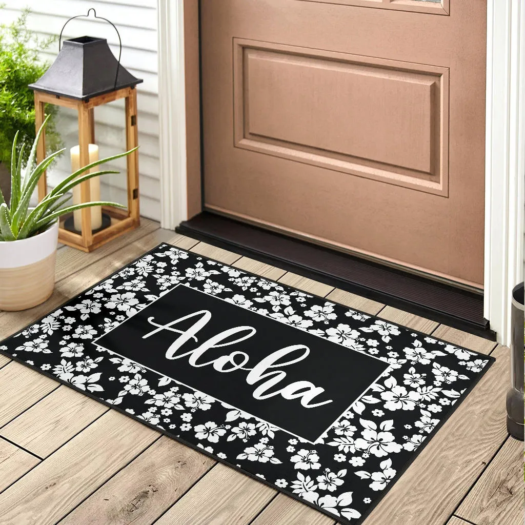 Aloha Black and White Hibiscus Hawaiian Pattern Door Mat