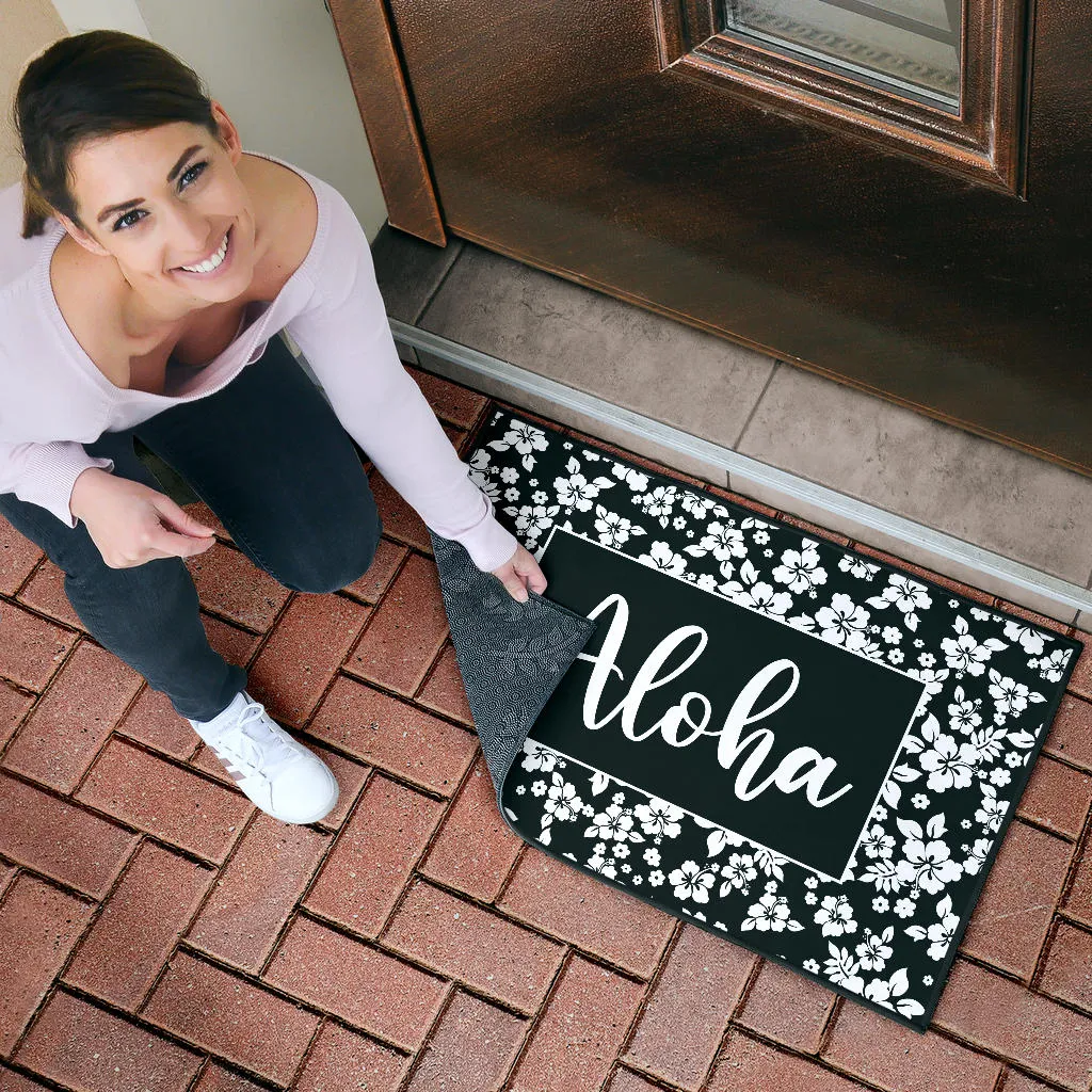 Aloha Black and White Hibiscus Hawaiian Pattern Door Mat
