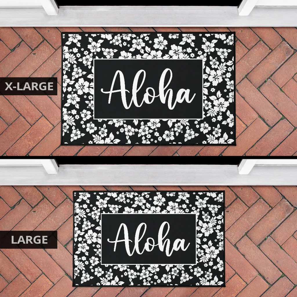 Aloha Black and White Hibiscus Hawaiian Pattern Door Mat