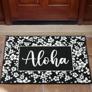 Aloha Black and White Hibiscus Hawaiian Pattern Door Mat