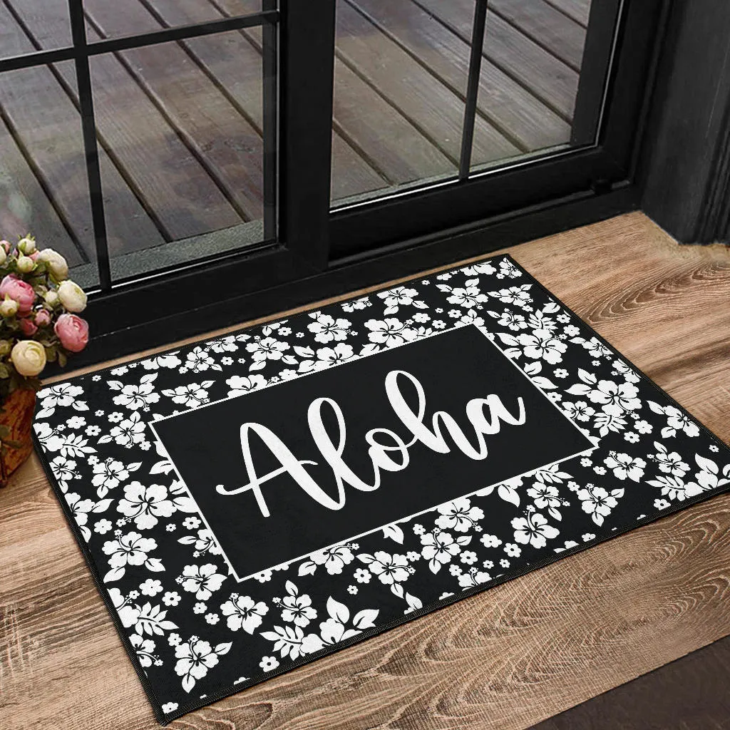 Aloha Black and White Hibiscus Hawaiian Pattern Door Mat