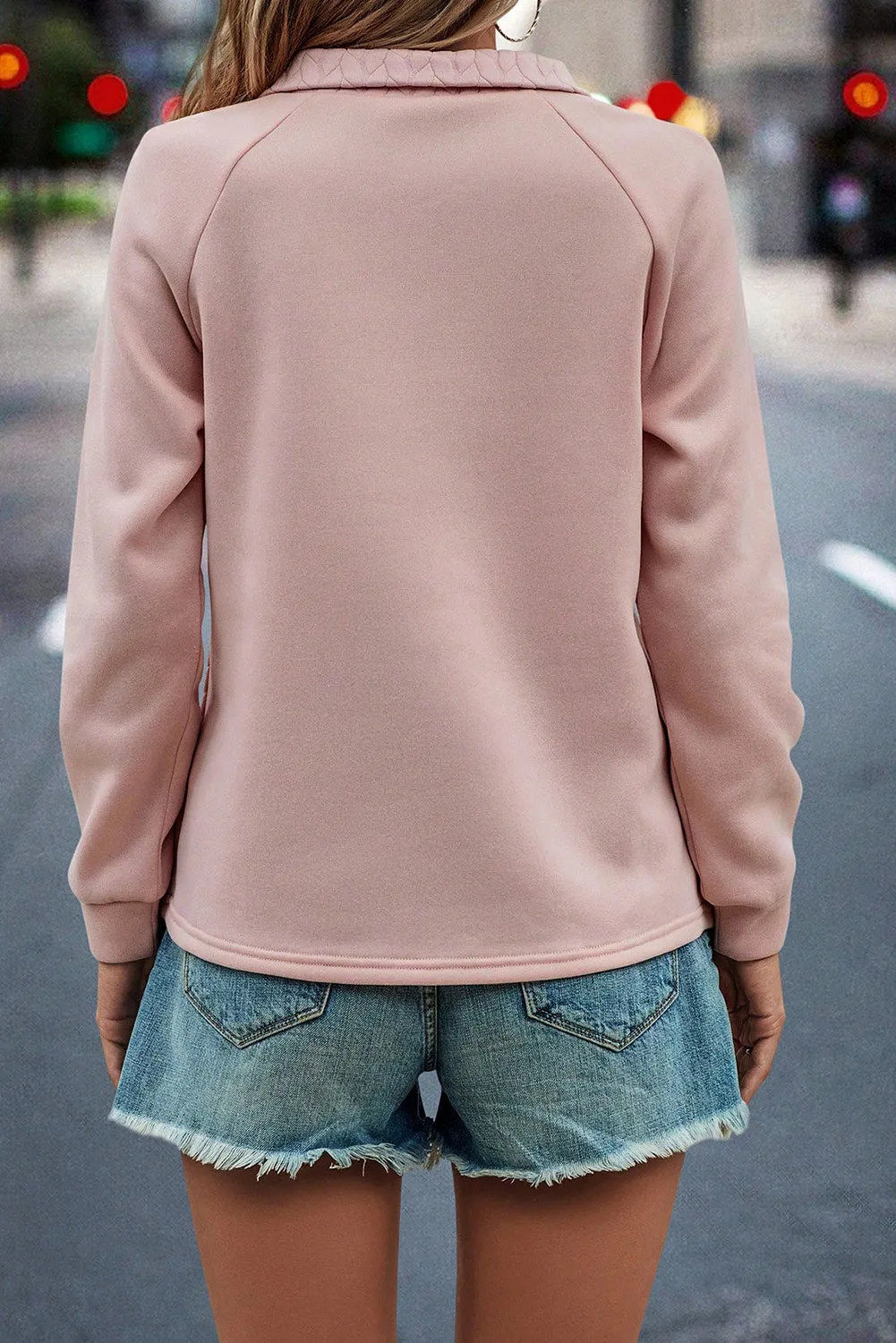 Apricot Powder Textured Quarter Zip Raglan Sleeve Sweatshirt