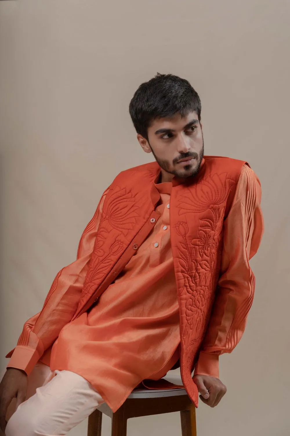 CARROT HANDQUILTED SILK HALF JACKET