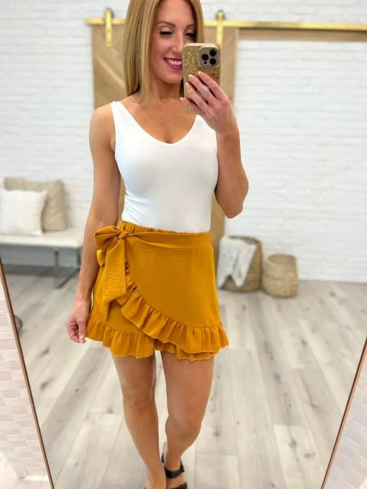 Center Stage Ruffle Hem Skort in Golden Mustard