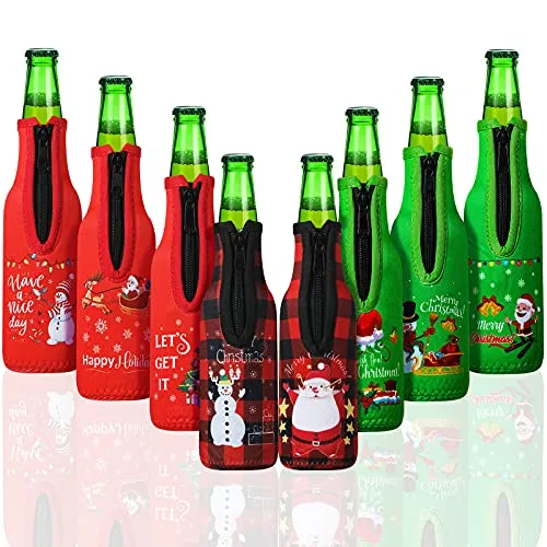 Christmas Beer Bottle Insulator Sleeve with Ring Zipper Neoprene Insulated Bottle Jackets Keep Warm and Cold Beer Bottle Sleeves with Stitched Fabric Edges for Party (Classic Pattern,8 Pieces)