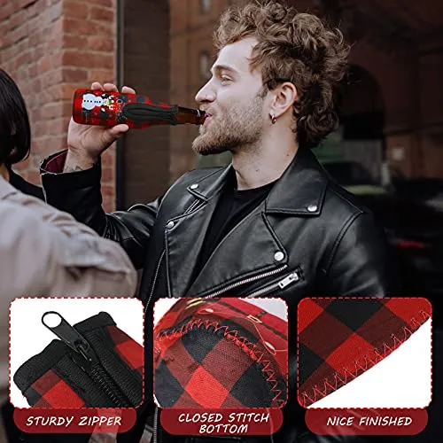 Christmas Beer Bottle Insulator Sleeve with Ring Zipper Neoprene Insulated Bottle Jackets Keep Warm and Cold Beer Bottle Sleeves with Stitched Fabric Edges for Party (Classic Pattern,8 Pieces)