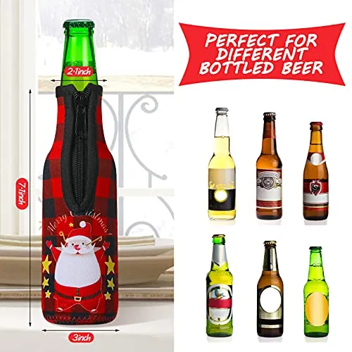 Christmas Beer Bottle Insulator Sleeve with Ring Zipper Neoprene Insulated Bottle Jackets Keep Warm and Cold Beer Bottle Sleeves with Stitched Fabric Edges for Party (Classic Pattern,8 Pieces)