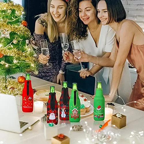 Christmas Beer Bottle Insulator Sleeve with Ring Zipper Neoprene Insulated Bottle Jackets Keep Warm and Cold Beer Bottle Sleeves with Stitched Fabric Edges for Party (Classic Pattern,8 Pieces)