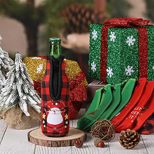 Christmas Beer Bottle Insulator Sleeve with Ring Zipper Neoprene Insulated Bottle Jackets Keep Warm and Cold Beer Bottle Sleeves with Stitched Fabric Edges for Party (Classic Pattern,8 Pieces)