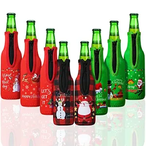 Christmas Beer Bottle Insulator Sleeve with Ring Zipper Neoprene Insulated Bottle Jackets Keep Warm and Cold Beer Bottle Sleeves with Stitched Fabric Edges for Party (Classic Pattern,8 Pieces)