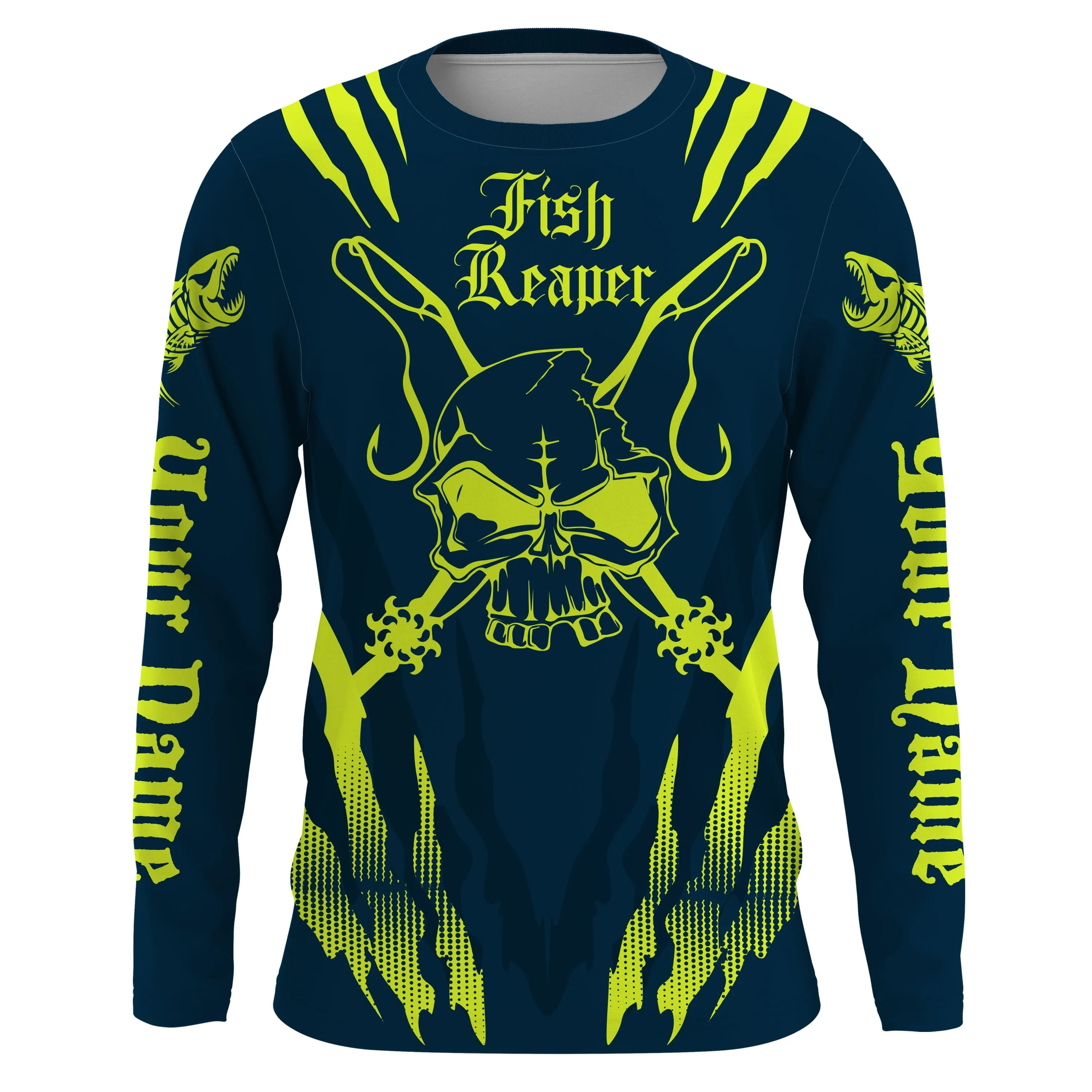 Fish reaper Custom Long Sleeve performance Fishing Shirts, Skull Fishing jerseys | dark blue IPHW3060