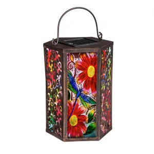 Handpainted Embossed Glass and Metal Solar Lantern, Garden Dragonfly,2sp6628