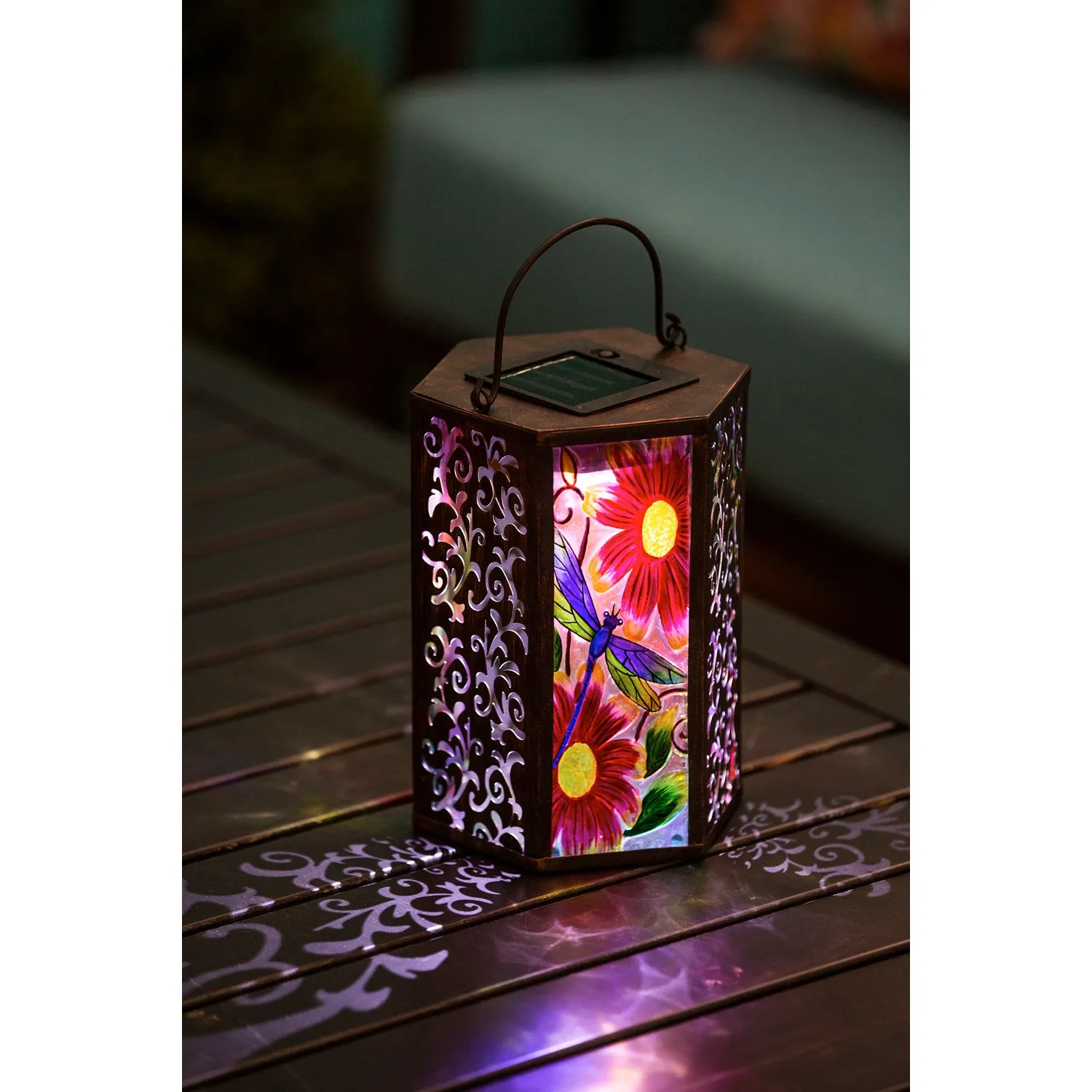 Handpainted Embossed Glass and Metal Solar Lantern, Garden Dragonfly,2sp6628