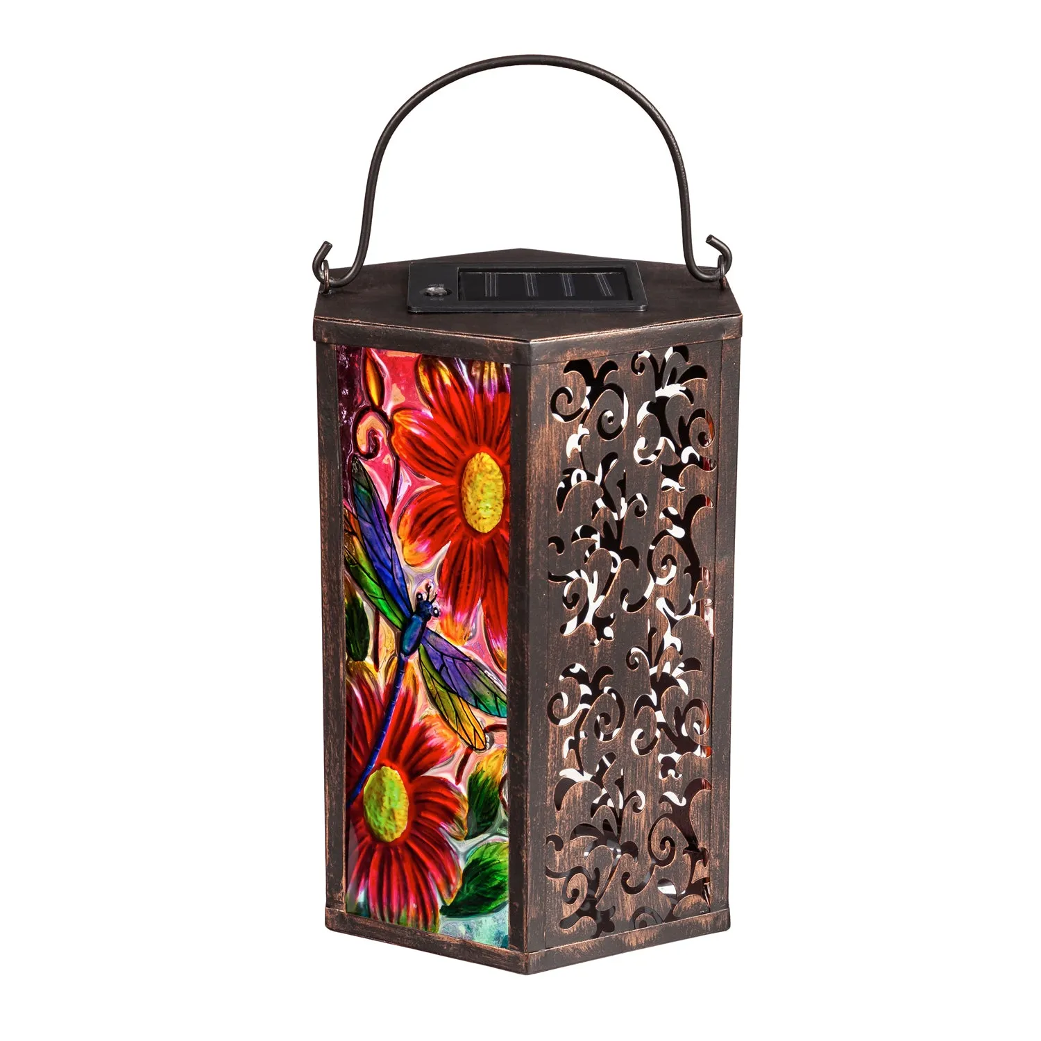 Handpainted Embossed Glass and Metal Solar Lantern, Garden Dragonfly,2sp6628