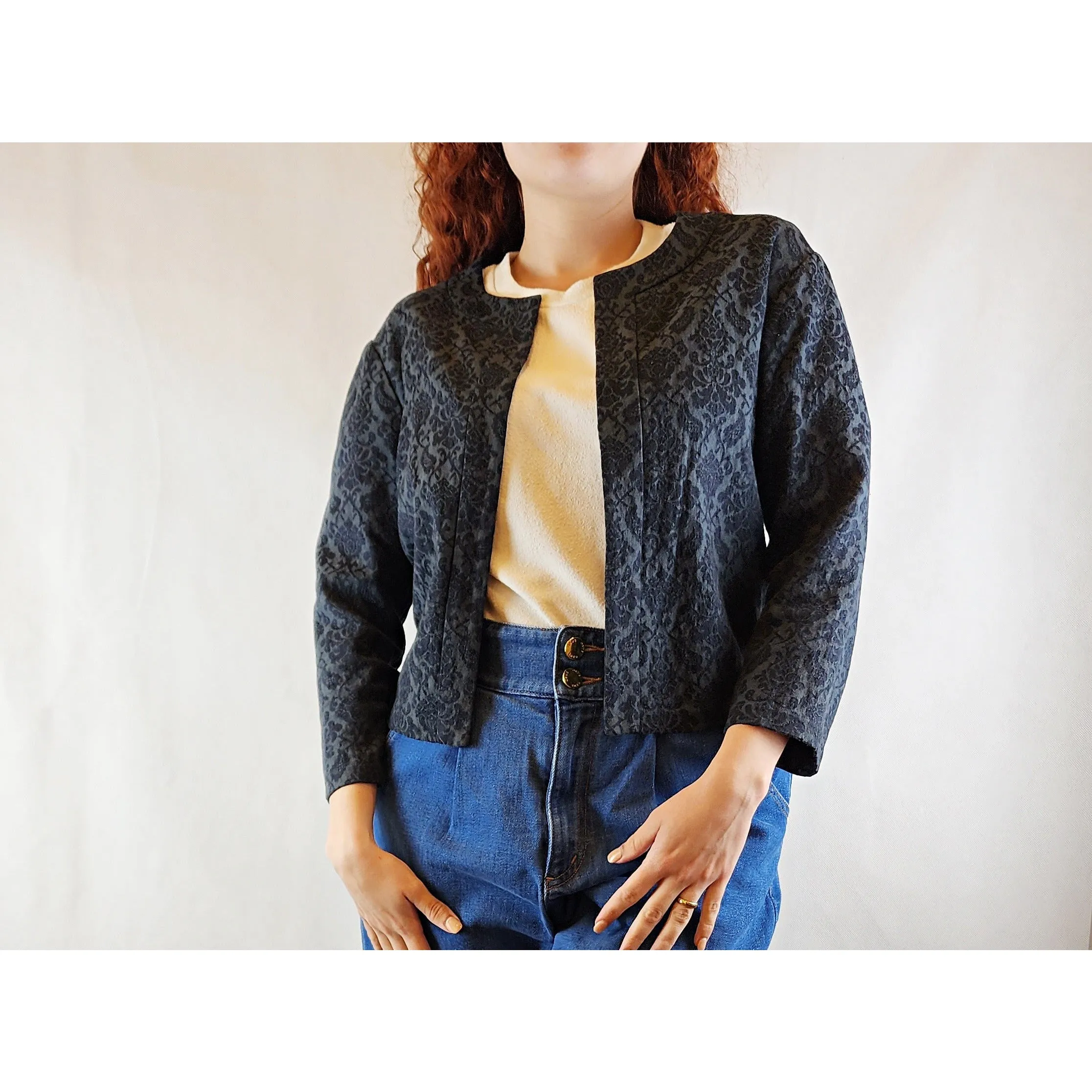 Indigo cropped black and grey jacket with subtle floral print size 10