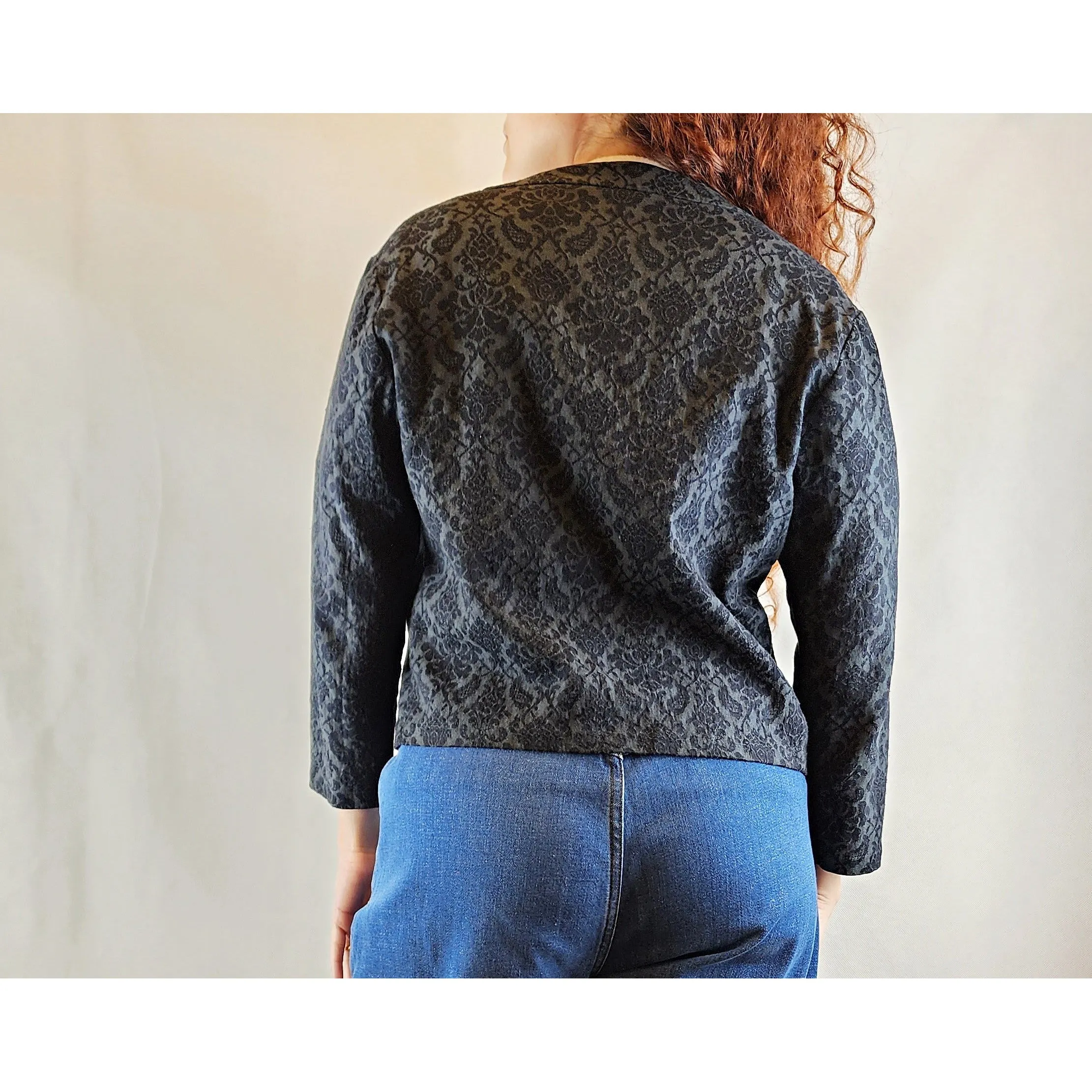 Indigo cropped black and grey jacket with subtle floral print size 10