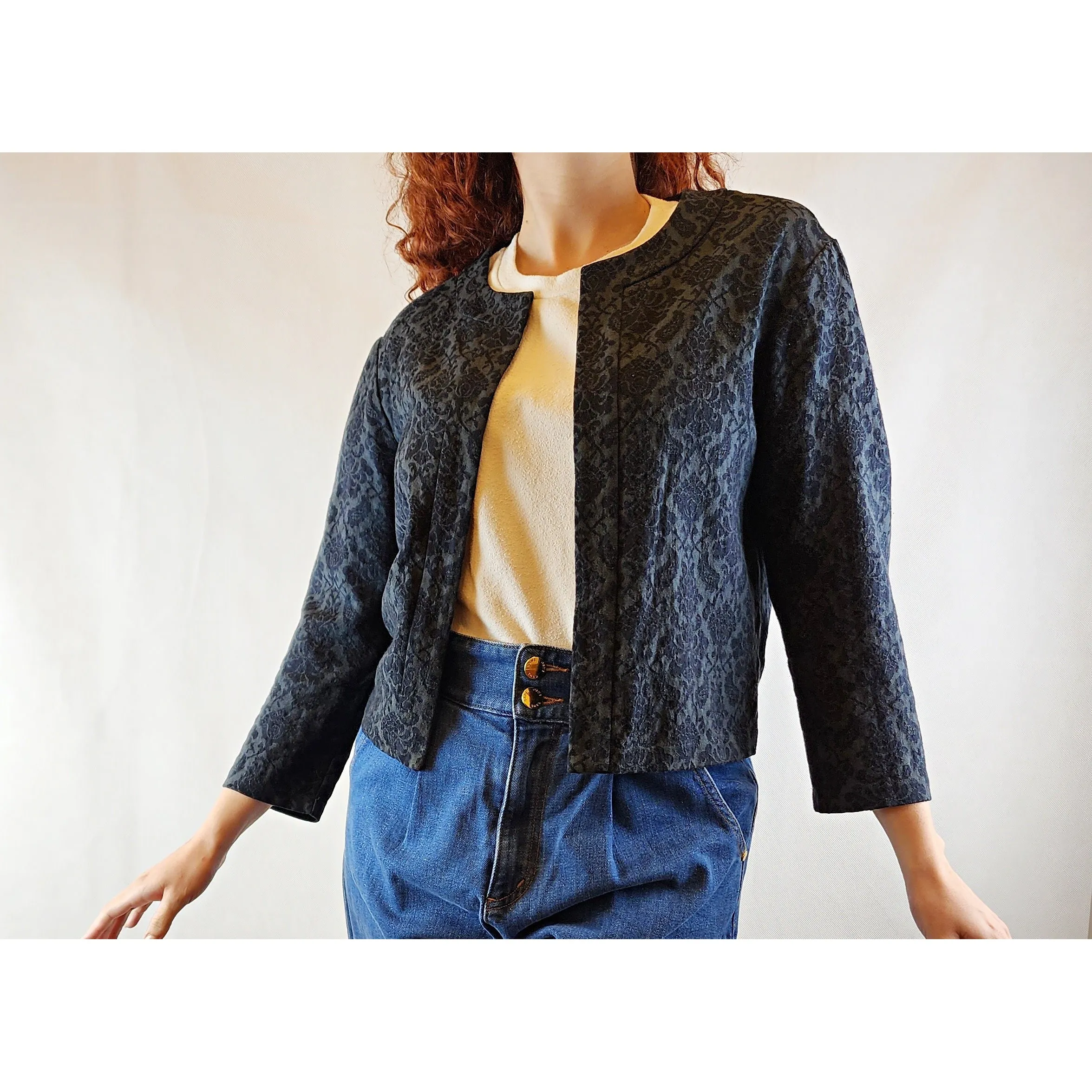 Indigo cropped black and grey jacket with subtle floral print size 10