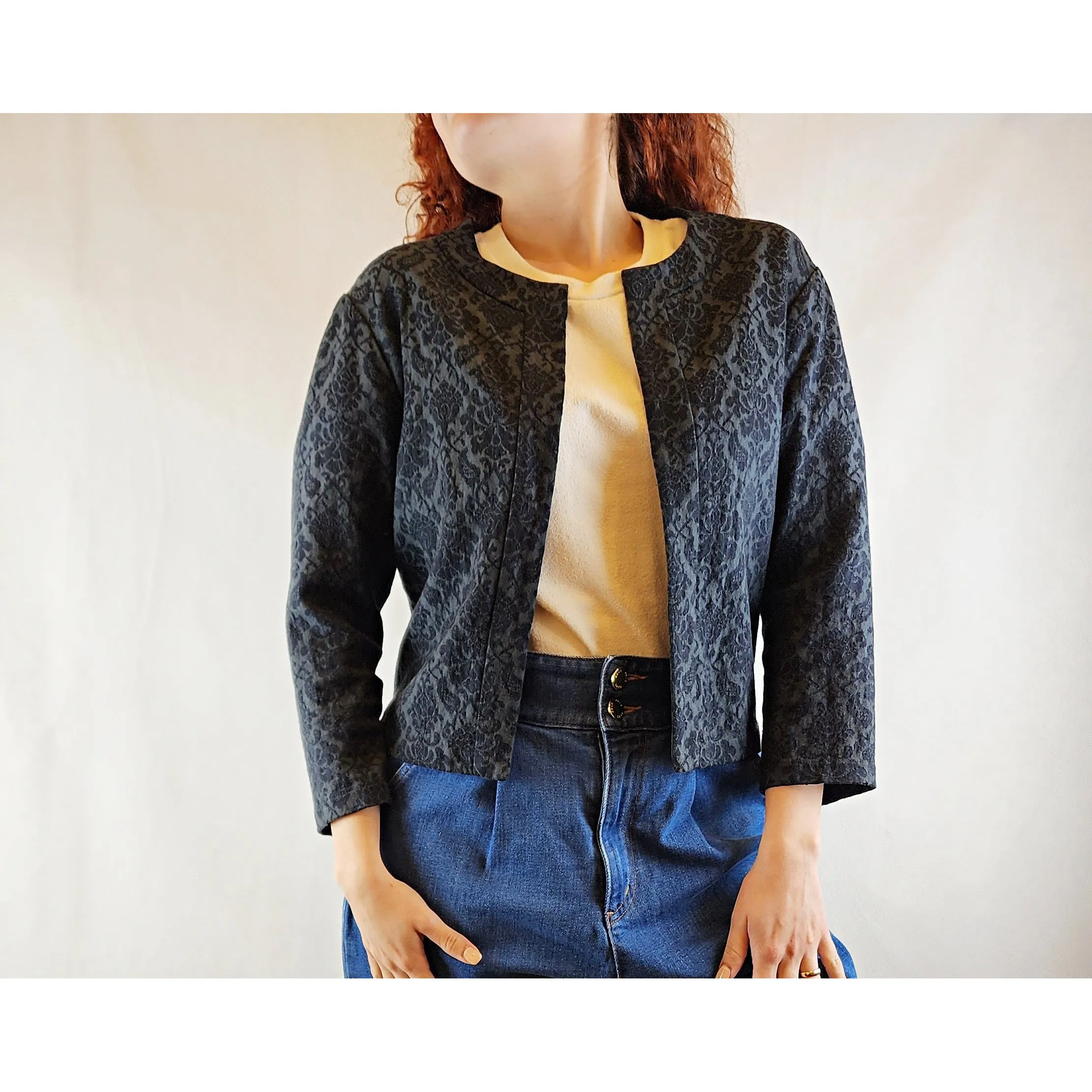 Indigo cropped black and grey jacket with subtle floral print size 10