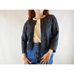 Indigo cropped black and grey jacket with subtle floral print size 10
