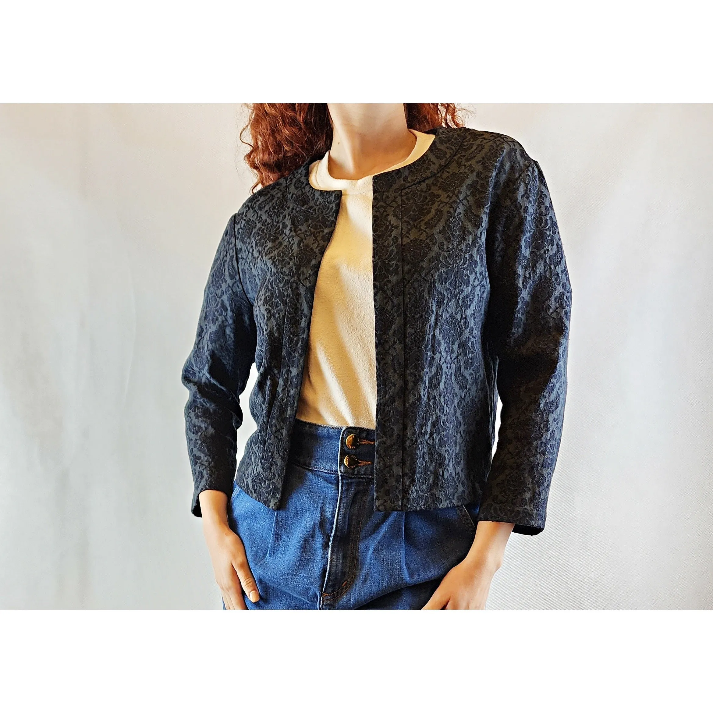 Indigo cropped black and grey jacket with subtle floral print size 10