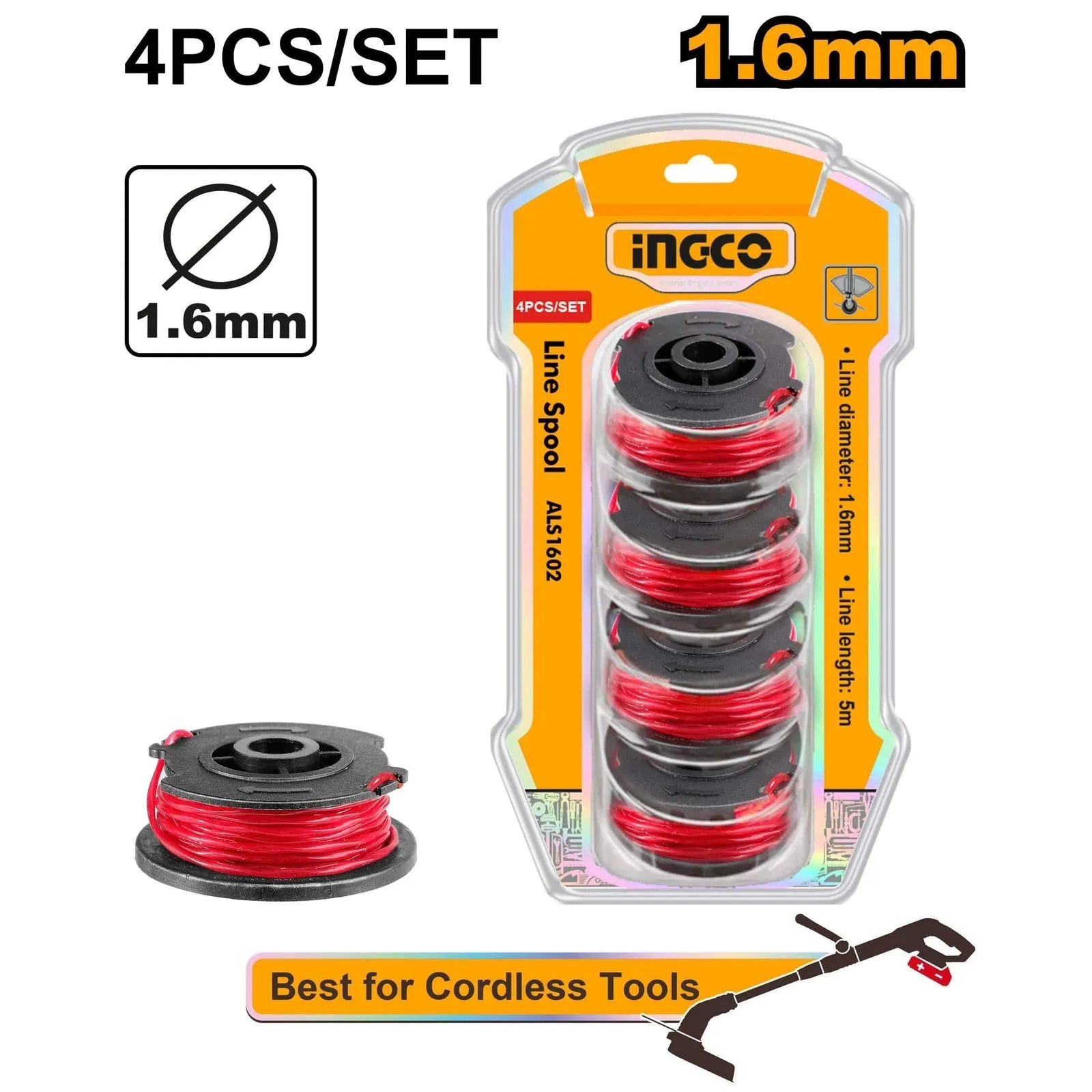 Ingco 4-Pieces Line Spool 1.6mm 5m for Lithium-ion Grass Trimmer - ALS1602