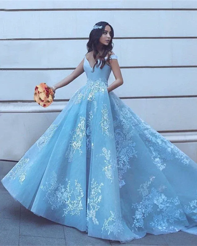Off the Shoulder Blue Prom Dresses 2024 Lace A Line Evening Gowns
