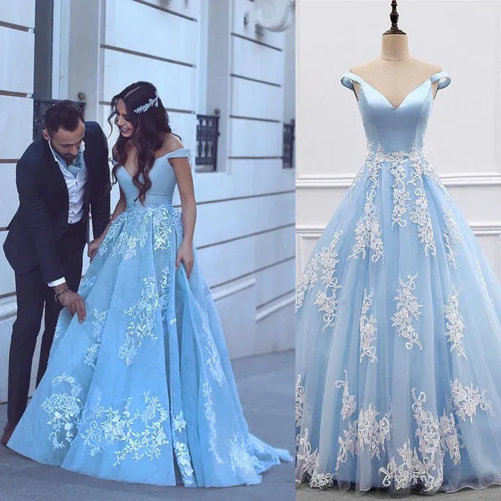 Off the Shoulder Blue Prom Dresses 2024 Lace A Line Evening Gowns